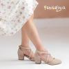 imagePANDANINJIA Girls Dress Shoes High Heels Flower Girl Pointed Closed Toe Cross Strap Wedding Party Mary Jane Little Big Kid Pump ShoeNude Nubuck
