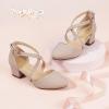 imagePANDANINJIA Girls Dress Shoes High Heels Flower Girl Pointed Closed Toe Cross Strap Wedding Party Mary Jane Little Big Kid Pump ShoeNude Nubuck