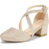 imagePANDANINJIA Girls Dress Shoes High Heels Flower Girl Pointed Closed Toe Cross Strap Wedding Party Mary Jane Little Big Kid Pump ShoeGold Glitter
