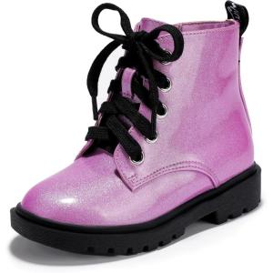 imagePANDANINJIA Girls Boys Combat Short Ankle Boots Fashion Dress Booties Side Zipper Waterproof Shoes with Lace Up for Toddler Little KidPurplebright
