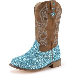 imagePANDANINJIA Girls Cowgirl Boots Kids Toddler Cowboy Boots Round Toe Mid Calf Western Riding Booties ShoesBluesequin