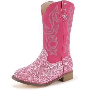 imagePANDANINJIA Girls Cowgirl Boots Kids Toddler Cowboy Boots Round Toe Mid Calf Western Riding Booties ShoesPinksequin