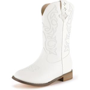 imagePANDANINJIA Girls Cowgirl Boots Kids Toddler Cowboy Boots Round Toe Mid Calf Western Riding Booties ShoesWhitepu