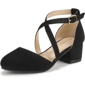 imagePANDANINJIA Girls Dress Shoes High Heels Flower Girl Pointed Closed Toe Cross Strap Wedding Party Mary Jane Little Big Kid Pump ShoeBlack Suede