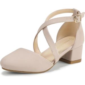 imagePANDANINJIA Girls Dress Shoes High Heels Flower Girl Pointed Closed Toe Cross Strap Wedding Party Mary Jane Little Big Kid Pump ShoeNude Nubuck