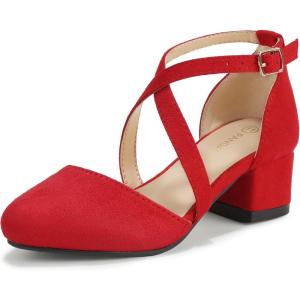 imagePANDANINJIA Girls Dress Shoes High Heels Flower Girl Pointed Closed Toe Cross Strap Wedding Party Mary Jane Little Big Kid Pump ShoeRed Suede