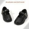 imagePANDANINJIA Girls Mary Jane School Dress Shoes for Little Big Kid Uniform Chunky Heel Closed Round Toe FlatsBlack Pu