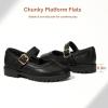imagePANDANINJIA Girls Mary Jane School Dress Shoes for Little Big Kid Uniform Chunky Heel Closed Round Toe FlatsBlack Pu
