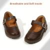 imagePANDANINJIA Girls Mary Jane School Dress Shoes for Little Big Kid Uniform Chunky Heel Closed Round Toe FlatsBrown Pu