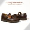 imagePANDANINJIA Girls Mary Jane School Dress Shoes for Little Big Kid Uniform Chunky Heel Closed Round Toe FlatsBrown Pu