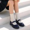 imagePANDANINJIA Girls Mary Jane School Dress Shoes for Little Big Kid Uniform Chunky Heel Closed Round Toe FlatsNavy Pu