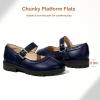 imagePANDANINJIA Girls Mary Jane School Dress Shoes for Little Big Kid Uniform Chunky Heel Closed Round Toe FlatsNavy Pu