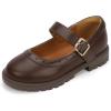 imagePANDANINJIA Girls Mary Jane School Dress Shoes for Little Big Kid Uniform Chunky Heel Closed Round Toe FlatsBrown Pu