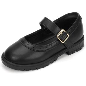 imagePANDANINJIA Girls Mary Jane School Dress Shoes for Little Big Kid Uniform Chunky Heel Closed Round Toe FlatsBlack Pu