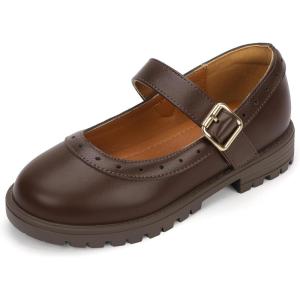 imagePANDANINJIA Girls Mary Jane School Dress Shoes for Little Big Kid Uniform Chunky Heel Closed Round Toe FlatsBrown Pu