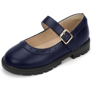 imagePANDANINJIA Girls Mary Jane School Dress Shoes for Little Big Kid Uniform Chunky Heel Closed Round Toe FlatsNavy Pu