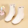 imagePANDANINJIA Girls Boots Fashion SquareToe Dress Boots Low Heel Alyssa Ankle Booties with Zipper for Toddler Little Kids Big KidsOffwhite Pu 01