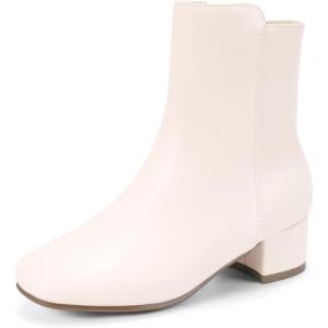 imagePANDANINJIA Girls Boots Fashion SquareToe Dress Boots Low Heel Alyssa Ankle Booties with Zipper for Toddler Little Kids Big KidsOffwhite Pu 01