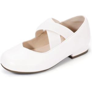 imagePANDANINJIA Girls Dress Shoes Ballet Flats Mary Jane Elastic Cross Strap Little Big Kid Low Heels Flower Girl ShoesWhite