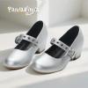 imagePANDANINJIA Girls Dress Shoes Little Big Kids Mary Jane Low Heels Buckle Round Toe Flower Girl Wedding Church Party School Pump ShoesSilver Pu