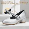 imagePANDANINJIA Girls Dress Shoes Little Big Kids Mary Jane Low Heels Buckle Round Toe Flower Girl Wedding Church Party School Pump ShoesSilver Pu