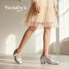 imagePANDANINJIA Girls Dress Shoes Little Big Kids Mary Jane Low Heels Buckle Round Toe Flower Girl Wedding Church Party School Pump ShoesSilver Pu