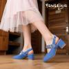 imagePANDANINJIA Girls Dress Shoes Little Big Kids Mary Jane Low Heels Buckle Round Toe Flower Girl Wedding Church Party School Pump ShoesW Blue Denim