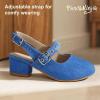 imagePANDANINJIA Girls Dress Shoes Little Big Kids Mary Jane Low Heels Buckle Round Toe Flower Girl Wedding Church Party School Pump ShoesW Blue Denim