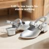 imagePANDANINJIA Girls Dress Shoes Little Big Kids Mary Jane Low Heels Buckle Round Toe Flower Girl Wedding Church Party School Pump ShoesW Silver Pu