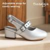 imagePANDANINJIA Girls Dress Shoes Little Big Kids Mary Jane Low Heels Buckle Round Toe Flower Girl Wedding Church Party School Pump ShoesW Silver Pu