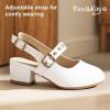 imagePANDANINJIA Girls Dress Shoes Little Big Kids Mary Jane Low Heels Buckle Round Toe Flower Girl Wedding Church Party School Pump ShoesW White Pu