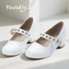 imagePANDANINJIA Girls Dress Shoes Little Big Kids Mary Jane Low Heels Buckle Round Toe Flower Girl Wedding Church Party School Pump ShoesWhite Pu