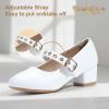 imagePANDANINJIA Girls Dress Shoes Little Big Kids Mary Jane Low Heels Buckle Round Toe Flower Girl Wedding Church Party School Pump ShoesWhite Pu