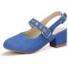 imagePANDANINJIA Girls Dress Shoes Little Big Kids Mary Jane Low Heels Buckle Round Toe Flower Girl Wedding Church Party School Pump ShoesW Blue Denim