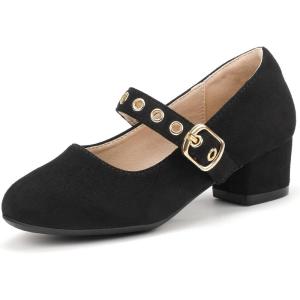 imagePANDANINJIA Girls Dress Shoes Little Big Kids Mary Jane Low Heels Buckle Round Toe Flower Girl Wedding Church Party School Pump ShoesBlack Suede