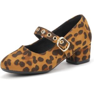 imagePANDANINJIA Girls Dress Shoes Little Big Kids Mary Jane Low Heels Buckle Round Toe Flower Girl Wedding Church Party School Pump ShoesLeopard Suede