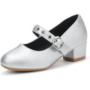 imagePANDANINJIA Girls Dress Shoes Little Big Kids Mary Jane Low Heels Buckle Round Toe Flower Girl Wedding Church Party School Pump ShoesSilver Pu
