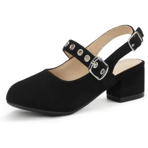 imagePANDANINJIA Girls Dress Shoes Little Big Kids Mary Jane Low Heels Buckle Round Toe Flower Girl Wedding Church Party School Pump ShoesW Black Nubuck