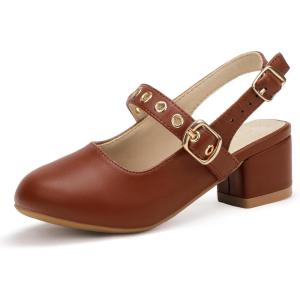 imagePANDANINJIA Girls Dress Shoes Little Big Kids Mary Jane Low Heels Buckle Round Toe Flower Girl Wedding Church Party School Pump ShoesW Brown Pu