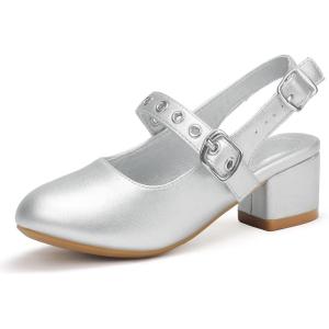 imagePANDANINJIA Girls Dress Shoes Little Big Kids Mary Jane Low Heels Buckle Round Toe Flower Girl Wedding Church Party School Pump ShoesW Silver Pu