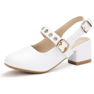 imagePANDANINJIA Girls Dress Shoes Little Big Kids Mary Jane Low Heels Buckle Round Toe Flower Girl Wedding Church Party School Pump ShoesW White Pu