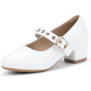 imagePANDANINJIA Girls Dress Shoes Little Big Kids Mary Jane Low Heels Buckle Round Toe Flower Girl Wedding Church Party School Pump ShoesWhite Pu