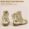 imagePANDANINJIA Girls Boots Toddler Kids Fashion Short Ankle Dress Bow Booties with Side Zipper BootsGoldsequin