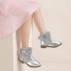 imagePANDANINJIA Girls Boots Toddler Kids Fashion Short Ankle Dress Bow Booties with Side Zipper BootsSilversequin