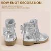 imagePANDANINJIA Girls Boots Toddler Kids Fashion Short Ankle Dress Bow Booties with Side Zipper BootsSilversequin