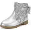 imagePANDANINJIA Girls Boots Toddler Kids Fashion Short Ankle Dress Bow Booties with Side Zipper BootsSilversequin