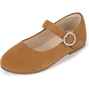imagePANDANINJIA Sarena Girls Dress Shoes Rhinestone Flower Girl Ballerina Ballet Flats Mary Jane Wedding Party School Shoes for Toddler Little Kid Big KidBrownsuede