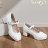 imagePANDANINJIA Girls Dress Shoes Chunky Platform Heels Mary Jane Pumps Round Toe Toddler Little Big Kid Wedding Party ShoesWhite Pu