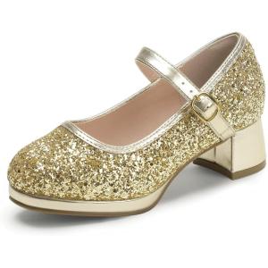 imagePANDANINJIA Girls Dress Shoes Chunky Platform Heels Mary Jane Pumps Round Toe Toddler Little Big Kid Wedding Party ShoesGold Sequin