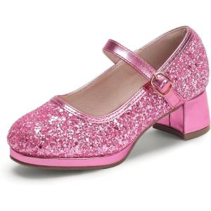 imagePANDANINJIA Girls Dress Shoes Chunky Platform Heels Mary Jane Pumps Round Toe Toddler Little Big Kid Wedding Party ShoesPink Sequin